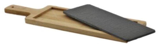 MPLCo - Plateau de service - Plateau à tapas - Plateau de service en ardoise avec dessous de plat en bambou - Plateau à tapas en pierre naturelle - Plateau de service pour fromage, sushis & amuse-gueules - 40 x 12 x 1,5 cm - Noir