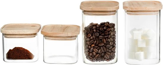 5Five voorraadpotten glas met houten deksel, set van 4 – 500 ml en 1000 ml