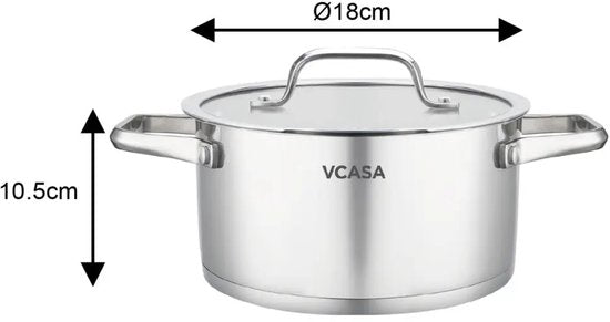 Kookpan 18 cm met glazen afgietdeksel en maataanduiding, 2,6 liter, rvs