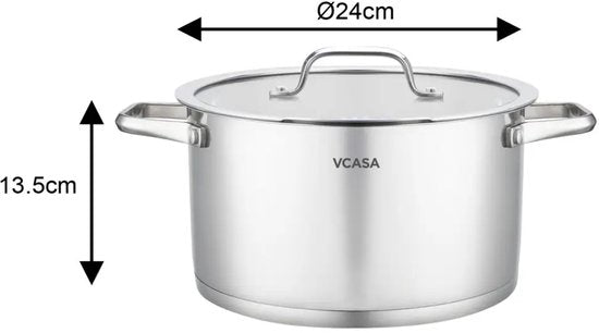 Vcasa rvs kookpan 24 cm, 5,8 liter, met glazen afgietdeksel en maataanduiding