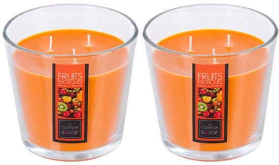 Scented Candle - Fragrance Candle - Large Scented Candle in Glass Jar - Set of 2 - Exotic Fruit Scent - for Luxury Home Accessory - 500 g - 13.5 x 12.5 cm - Transparent