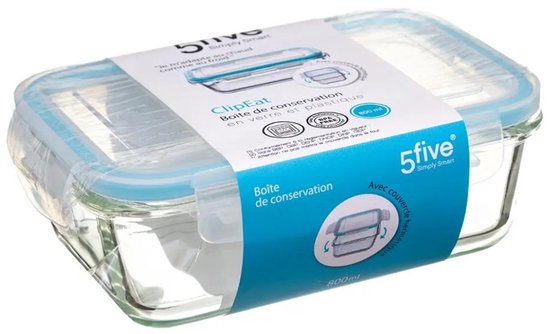 5Five Food storage container with lid - 3x - glass - airtight - with clips - 18 x 12 x 6 cm - 800 ml