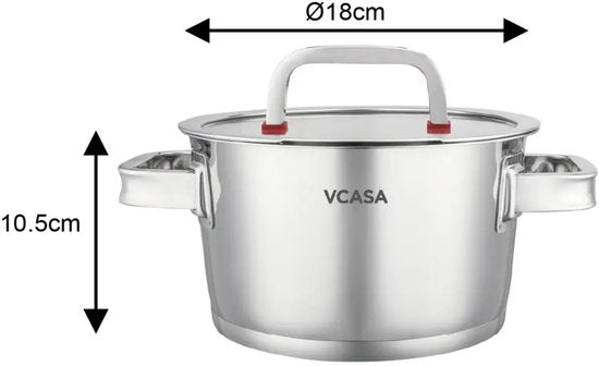 Vcasa rvs kookpan 18 cm met glazen afgietdeksel en maataanduiding, 2 liter