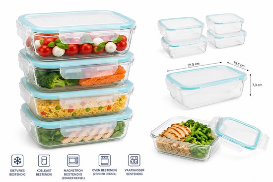 Glazen vershoudbakjes set van 4 – meal prep bakjes 1,18 liter met deksel – foto 3