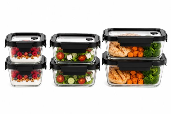 Ensemble de 6 boîtes de conservation en verre - Récipients pour meal prep - Lunchbox en verre avec couvercle - 0,32 L, 0,37 L & 0,5 L
