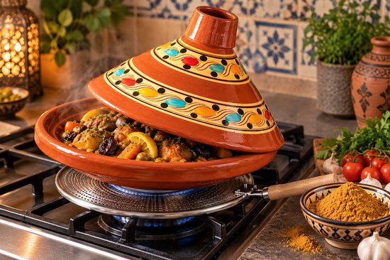 Marokkaanse tajine 35 cm van aardewerk met vlammenverdeler en Ras el Hanout