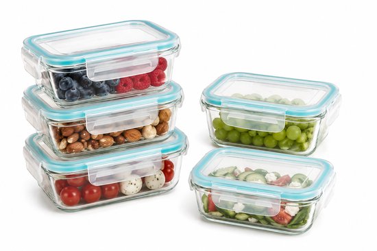 Glazen vershoudbakjes set van 5 – 330 ml, diepvriesbakjes met deksel