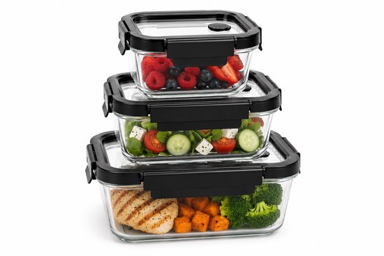 Vershoudbakjes Glas Set van 3 - Meal Prep Bakjes - Glazen Lunchbox met Deksel - 0,32 L, 0,37 L & 0,5 L