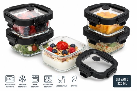 Kleine glazen bakjes met deksel, set van 5 – vershoudbakjes 320 ml – foto 4
