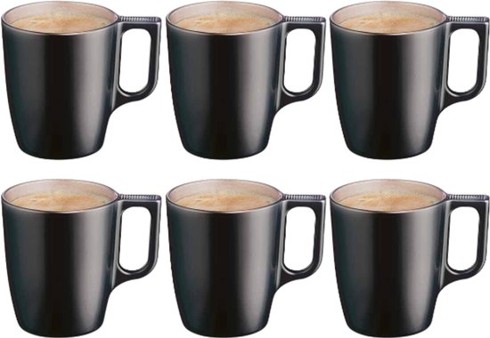 Moderne koffiemokken van glas – set van 6 zwarte mokken, 250 ml