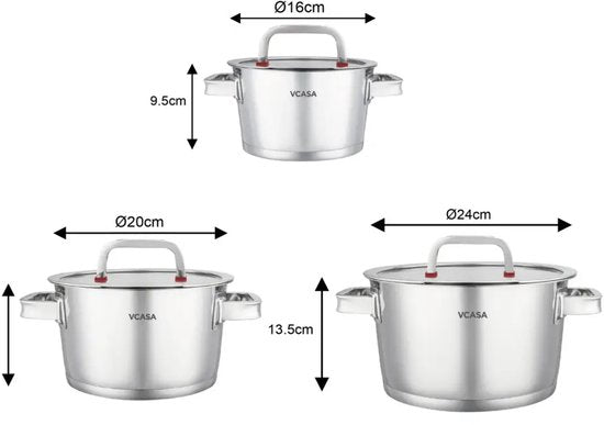 Vcasa pannenset 6-delig, 3 kookpannen 16, 20 en 24 cm met glazen deksels, rvs