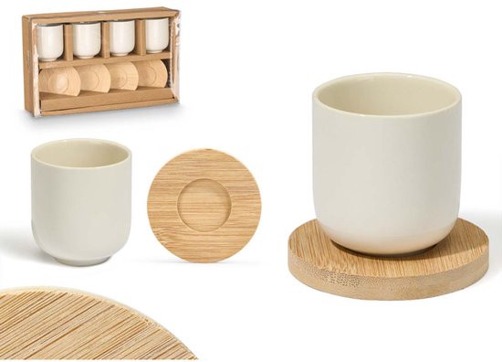 Set van 4 Witte Keramische Koffiekopjes met Bamboe Coasters – 95 ml – Geschikt voor Vaatwasser en Magnetron