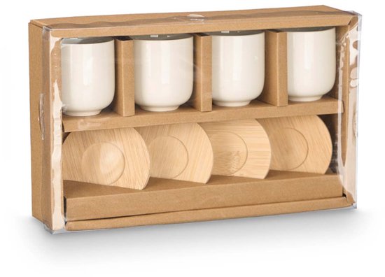 Set van 4 Witte Keramische Koffiekopjes met Bamboe Coasters – 95 ml – Geschikt voor Vaatwasser en Magnetron