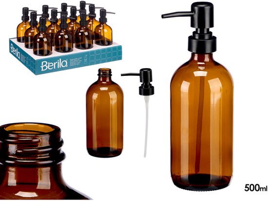 Glazen zeepdispenser 500 ml – rond, bruin met zwarte pomp, navulbaar – foto 2