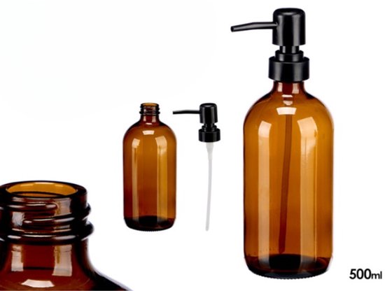 Dispenser fles met pompje – set van 2, bruin glas met kristalpatroon, 500 ml – foto 3