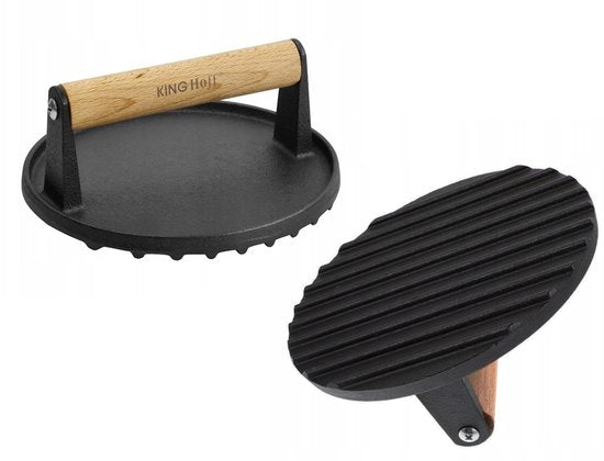 Kinghoff KH-1759 gietijzeren hamburgerpers – houten handvat, Ø 18 cm