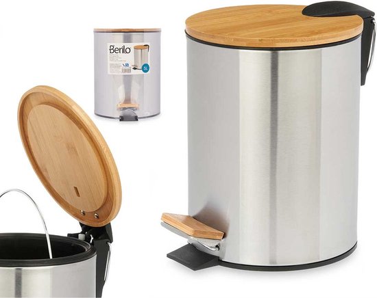 Berilo Pedal Bin Steel - soft-close - 5L - silver / beige - D20 x H26 cm - bathroom trash can