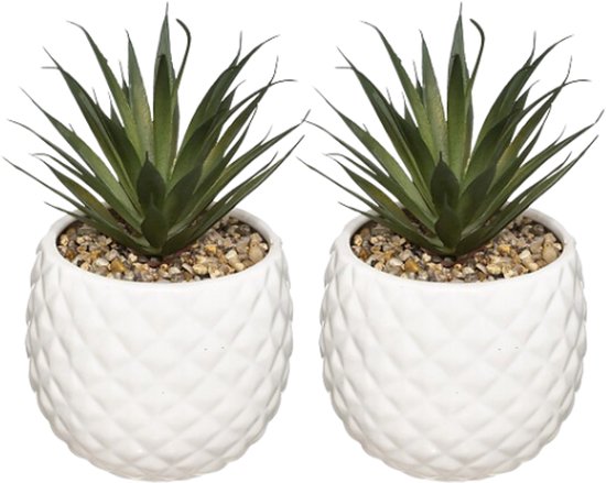 Kunst ananasplant in witte keramische pot – set van 2, 21 cm hoog
