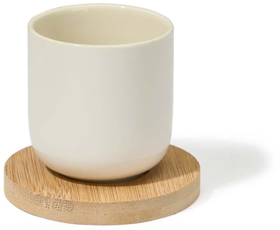 Set van 4 Witte Keramische Koffiekopjes met Bamboe Coasters – 95 ml – Geschikt voor Vaatwasser en Magnetron