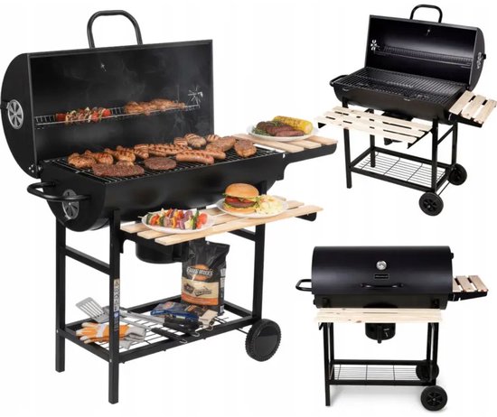 Grote houtskoolbarbecue op wielen met deksel – thermometer en 3 roosters