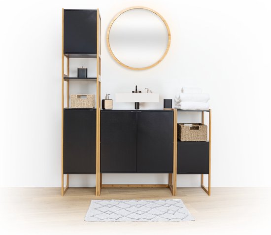 Toiletrolhouder Natureo met reserverolkastje – zwart met bamboe, 80 cm hoog – foto 10