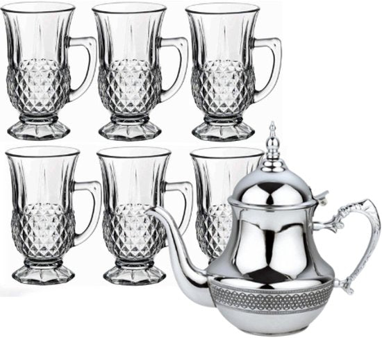 Hakal Marokkaanse theepot en glazen – theeset met RVS pot 1,8 L en 6 glazen