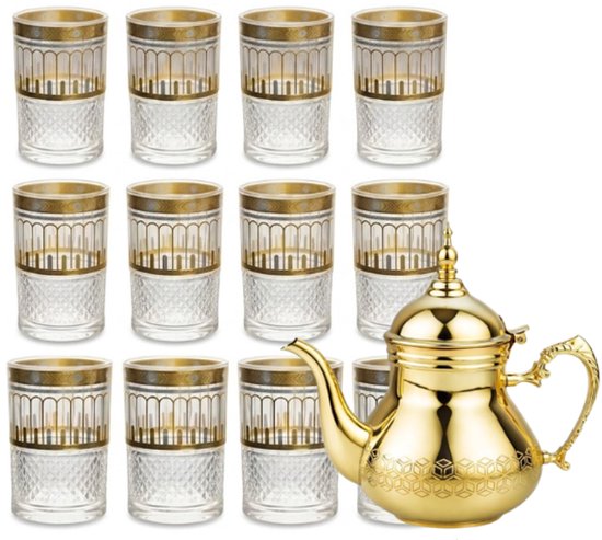 Hakal Sultana Marokkaanse theeset – theepot 1,8 L met 12 theeglazen, goud
