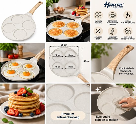 Poêle à pancakes Hakal avec 4 compartiments – Ø 26 cm – Revêtement antiadhésif – Poêle à pancakes et œufs – Manche aspect bois – Crème