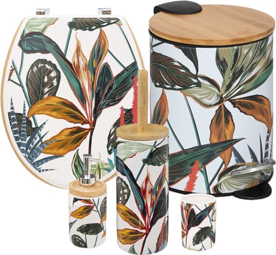 Palawan Bathroom Accessory Set - 5-Piece Complete Bathroom Set - Toilet Accessories - Toilet Seat - Toilet Brush - Soap Dispenser - Toothbrush Holder - 3L Soft-Close Pedal Bin - Multicolor Design