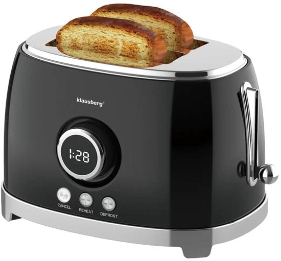Klausberg retro broodrooster zwart – 2 sneden, 6 standen, LED-display, 850 W