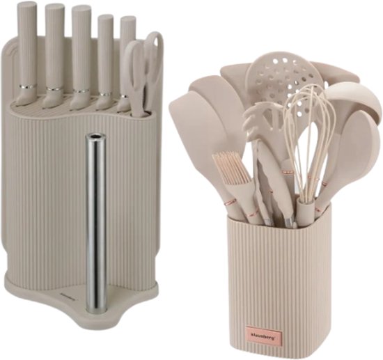 Klausberg keukenset – 8-delige messenset en 12-delig keukengerei, beige