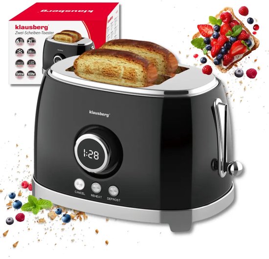 Klausberg retro broodrooster zwart – 2 sneden, 6 standen, LED-display, 850 W – foto 5