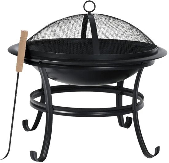 KINGHoff - Brasero - Cheminée d'extérieur avec grill - Foyer de terrasse avec pare-étincelles - Brasero de jardin au charbon de bois - Pilon inclus - Métal - Ø54,5 x 53 cm - Noir