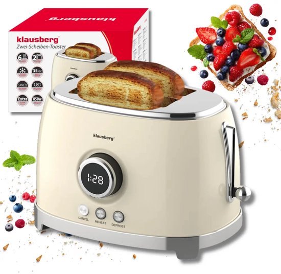 Klausberg broodrooster retro beige – 2 brede sleuven, LED-display, 850 W – foto 4