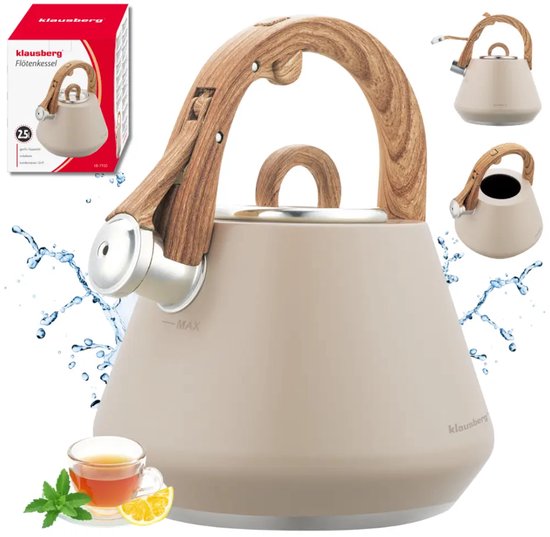 Klausberg 7950 fluitketel beige – RVS met houten handvat, 2,5 liter – foto 5