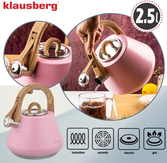Klausberg - KB-9064 - Fluitketel - RVS Waterketel - Matte Afwerking - Met Fluit - Afneembaar Deksel - Inductie - Gas - Elektrisch - Keramisch - Waterkoker voor Thee en Koffie - 20 cm - 2.5L - Pastelroze