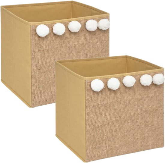 Pompom opbergdozen, set van 2 – opvouwbaar, jute look, karamelbruin, 29 cm