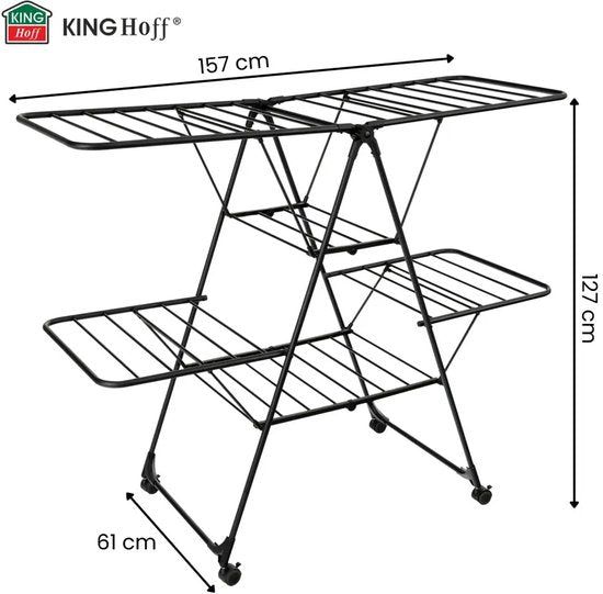 Kinghoff KH-2046 inklapbaar wasrek van staal met hangerrek en wielen, zwart, 157 cm