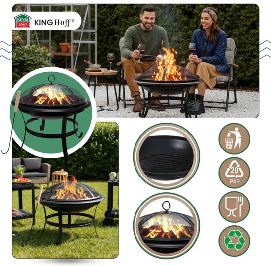 KINGHoff - Brasero - Cheminée d'extérieur avec grill - Foyer de terrasse avec pare-étincelles - Brasero de jardin au charbon de bois - Pilon inclus - Métal - Ø54,5 x 53 cm - Noir