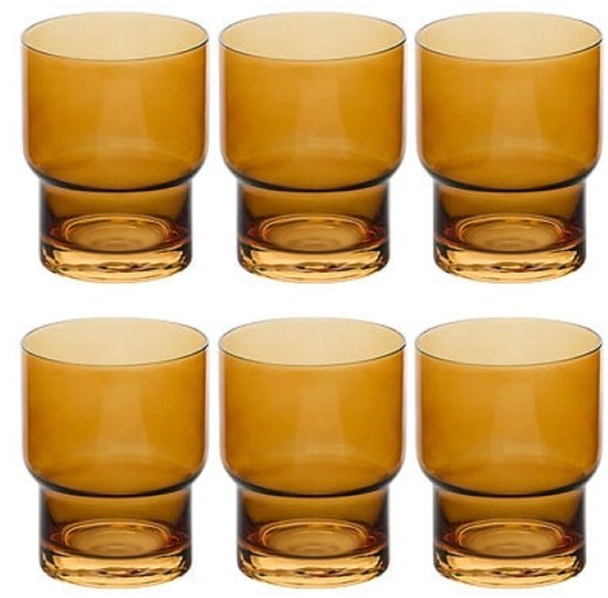 Ella Glass Tumblers - Water Glasses - Set of 6 - Whiskey Glasses - Retro Drinking Glasses - Kitchen Glassware Set - Glass - 300 ml - Ø8 x 10 cm - Ochre