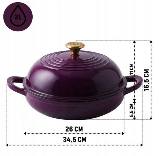 Hage - Enameled Dutch Oven - Cast Iron Casserole Dish with Lid - Oven Safe & Suitable for Induction, Gas, and Ceramic Hobs - For Bread, Gratins & Stews - Includes Pot Holders - 2 Liters - Ø26 x 16.5 cm - Aubergine