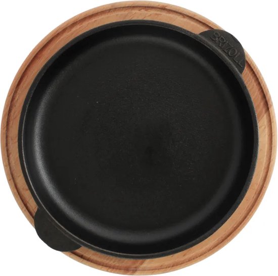BRIZOLL serveerpan van gietijzer met houten onderzetter, 20 cm