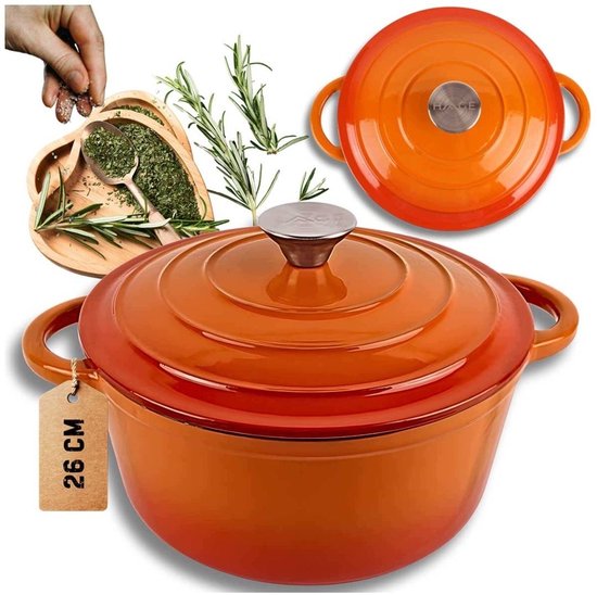 Hage - Casserole - Cast Iron Pot with Lid - Enamelled - Induction & Oven Safe - Includes Mini Oven Mitts & Trivet - For Roasting, Stewing, Soup & Bread - 5 Litres - Ø26 cm - Orange