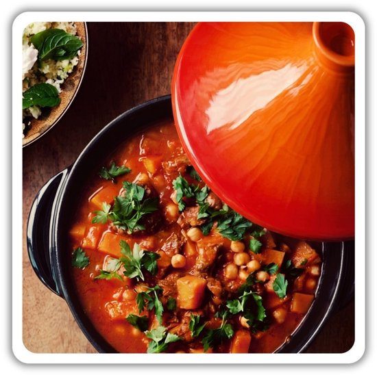 Hage tajine 27 cm, 1,5 liter - gietijzer met keramische deksel, oranje en zwart