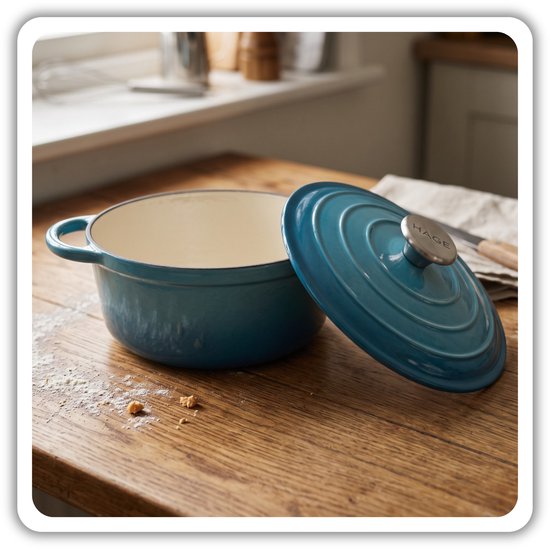Hage gietijzeren kookpan 22 cm met deksel, 3 liter, geëmailleerd, azuurblauw