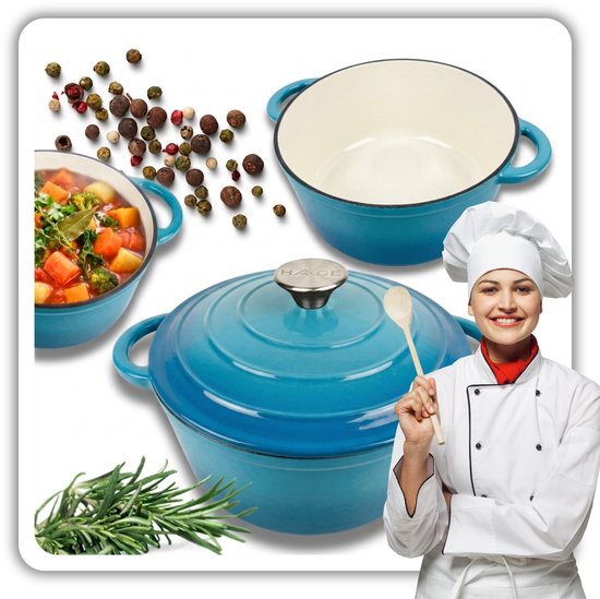 Hage gietijzeren braadpan 26 cm, 5 liter, azuurblauw, geëmailleerd, met deksel