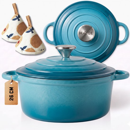 Hage gietijzeren braadpan 26 cm, 5 liter, azuurblauw, geëmailleerd, met deksel