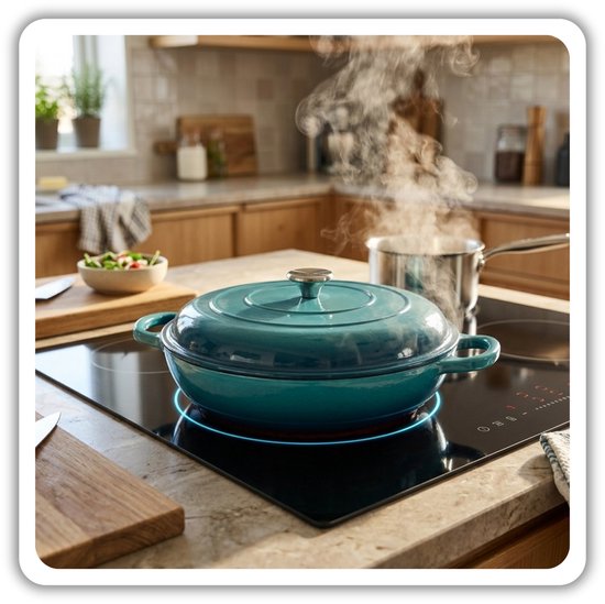 Hage gietijzeren braadpan 30 cm, 3 liter, azuurblauw, met deksel en 2 handgreephoezen
