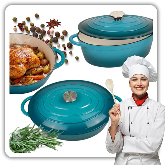 Hage gietijzeren braadpan met deksel, 6 liter, azuurblauw emaille