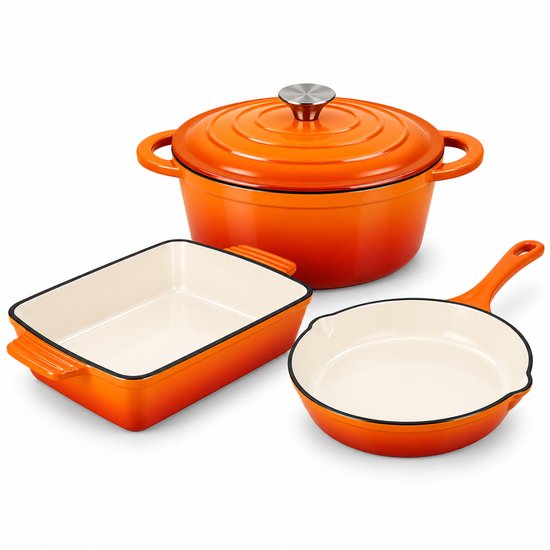 Hage - 3-Piece Kitchen Set - Baking Dish 3.5 L - Cast Iron Baking Mold with Enamel - Rectangular Roasting Pan for Oven - Meat, Pastries, and Casseroles - Sturdy Baking Dish with Handles - Even Heat Distribution - Orange